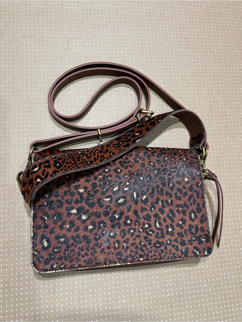 Madewell Leopard Print Calf Leather Brown Crossbody Purse Zipper Magnet Flap